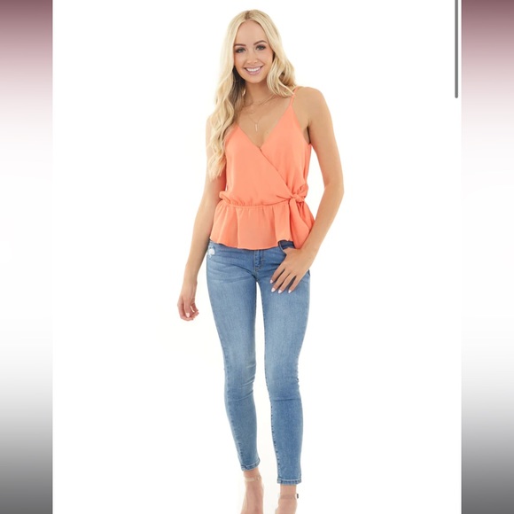Bright coral peplum tank top with surplice neckline and tie - Picture 2 of 4